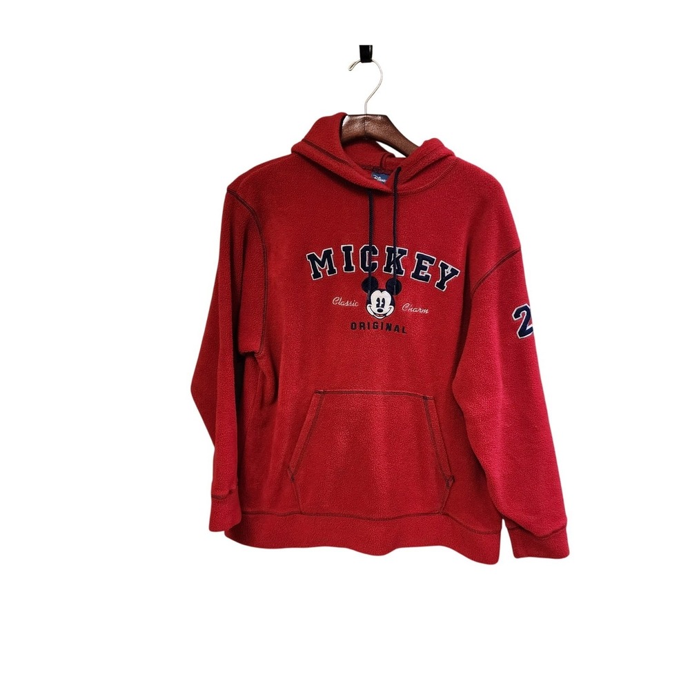 Vintage 90s Disney Mickey Mouse Fleece Hoodie Red Embroidered Pullover Medium 28